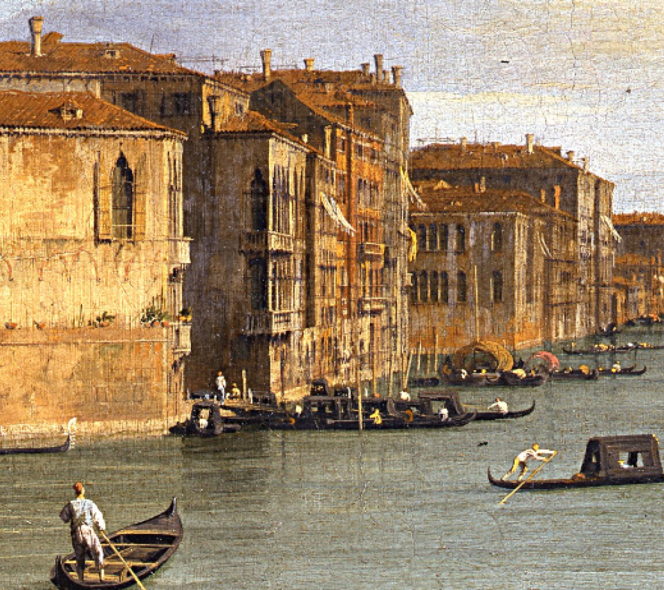 Peinture d'un canal emprunté par des gondoliers et passant entre les bâtiments d'une ville